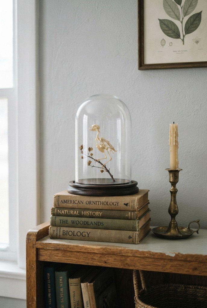 Glass cloche over a skeleton bird on a stack of books