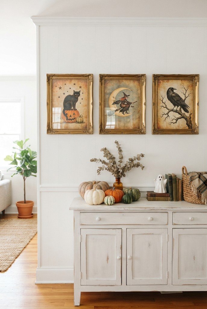 Gallery of three framed vintage Halloween prints on a wall