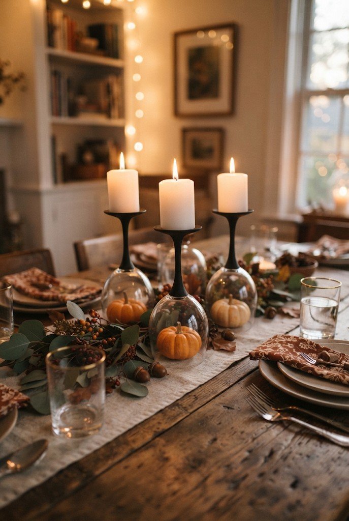 Upside-down wine glasses with black stems used as candle holders