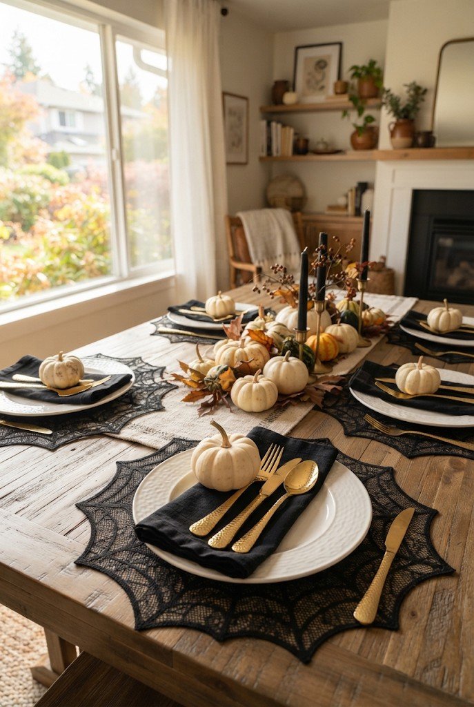 Black lace spider web placemats under white plates