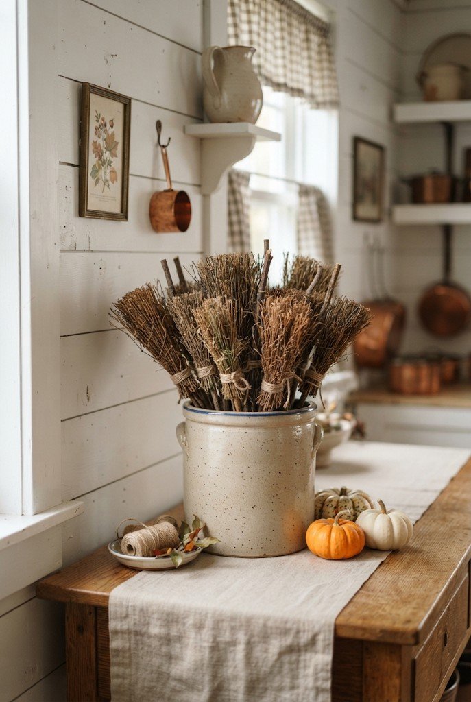 Mini witch brooms standing in a stoneware crock