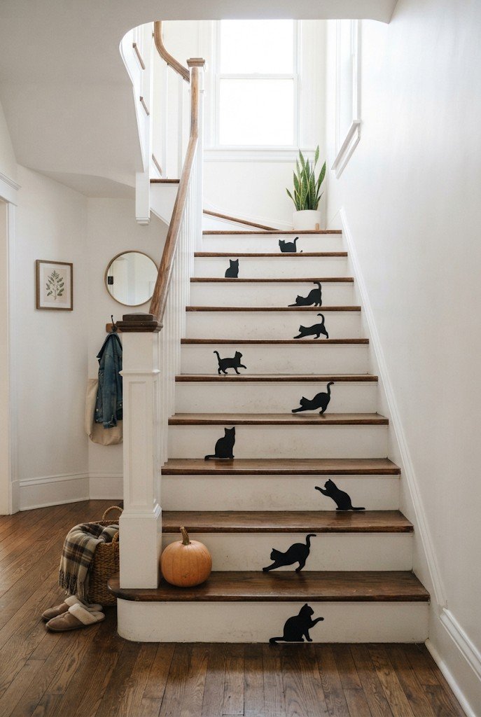 Black cat silhouettes on apartment stairs