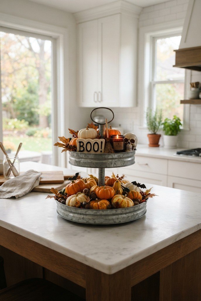 Tiered tray styled with mini Halloween decor on a kitchen island