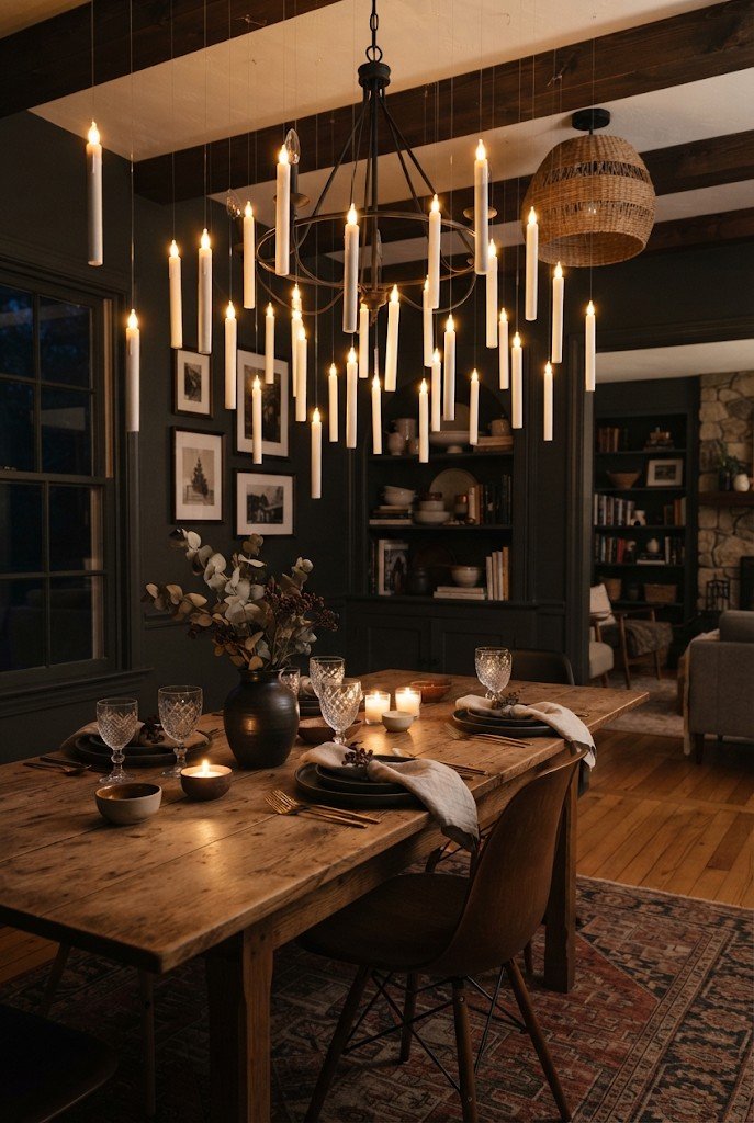 Floating battery taper candles hanging over a dining table at night