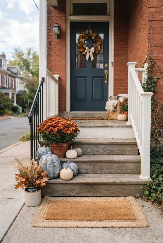 Plastic pumpkins painted in a stone texture on porch steps
