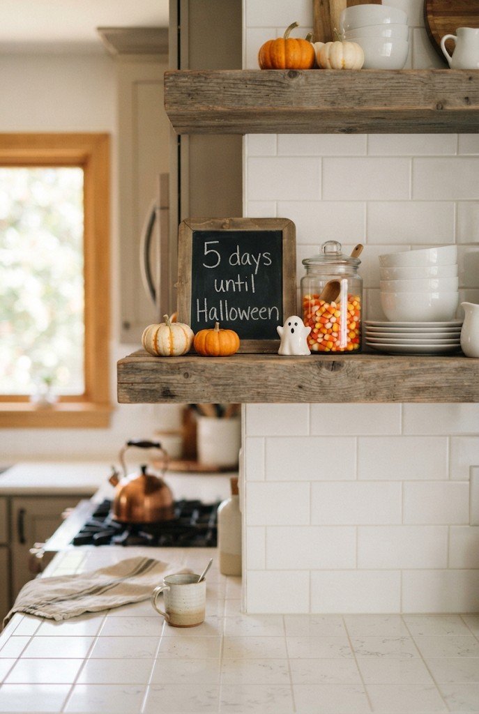 Small chalkboard Halloween countdown sign on a kitchen shelf