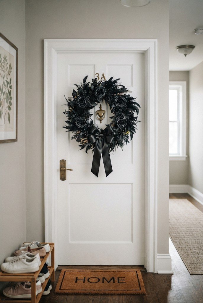 Black floral Halloween wreath on a white door