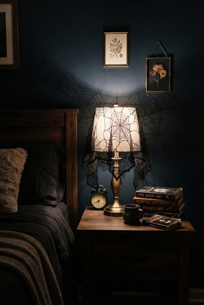 Lamp with black lace over the shade glowing at night