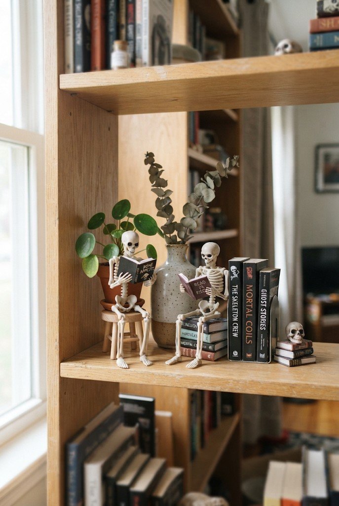 Mini skeleton figures posed on a bookcase shelf