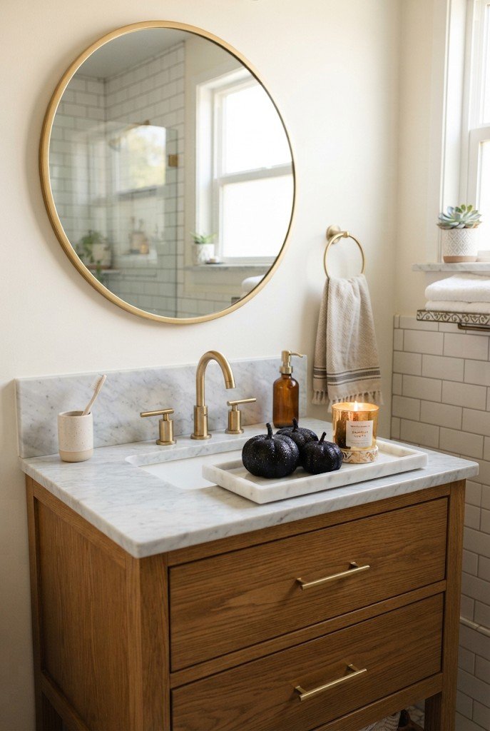 Black glitter mini pumpkins on a bathroom vanity tray