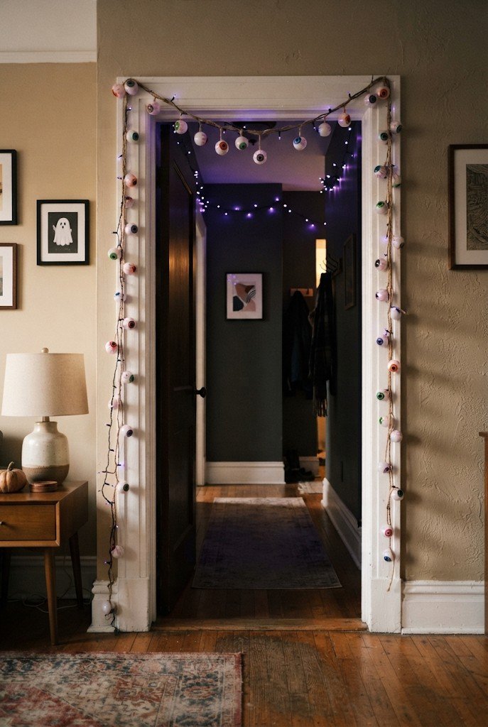 Eyeball garland draped across an interior doorway