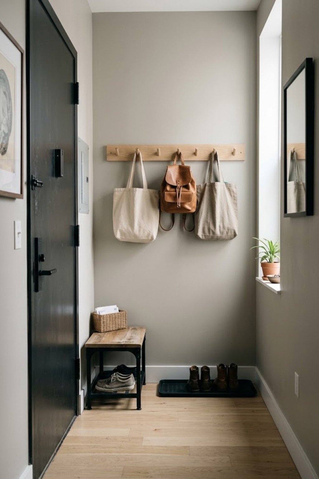 DIY wooden peg hooks in a small apartment entryway