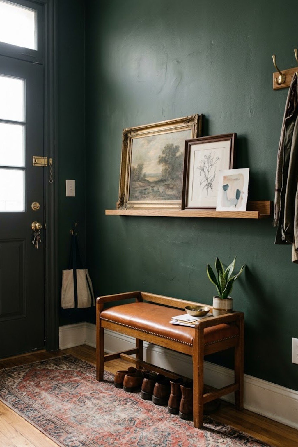 Use a picture ledge for art in a small apartment entryway