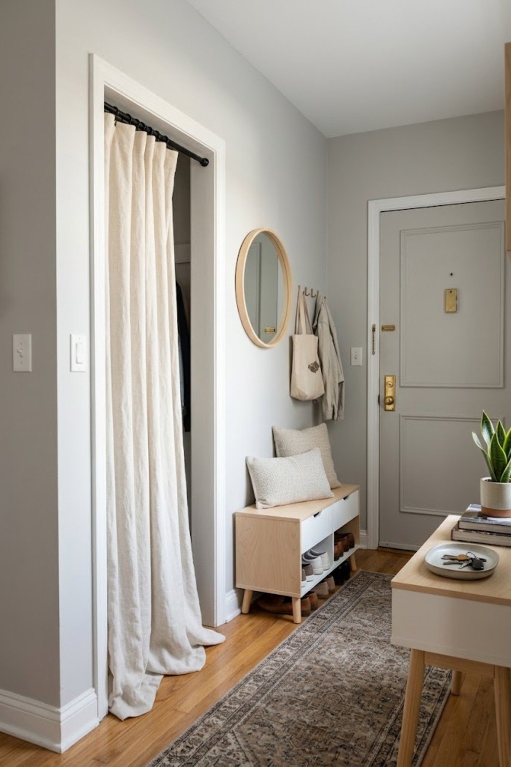 Hang curtains on the closet in a small apartment entryway