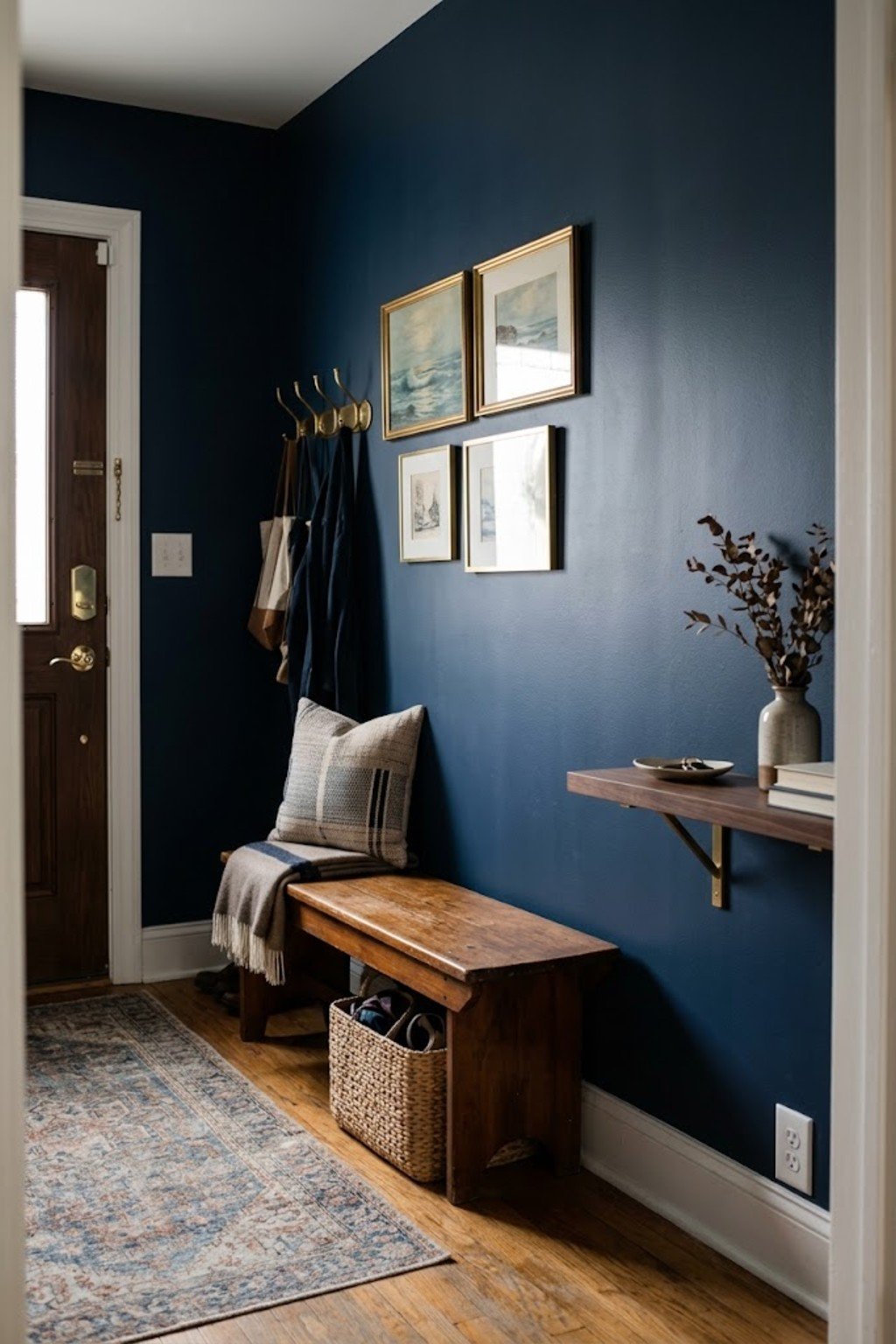 Repurpose a bench in a small apartment entryway