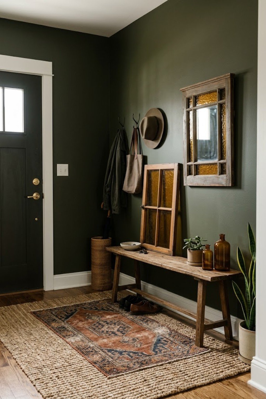 Layer two rugs in a small apartment entryway