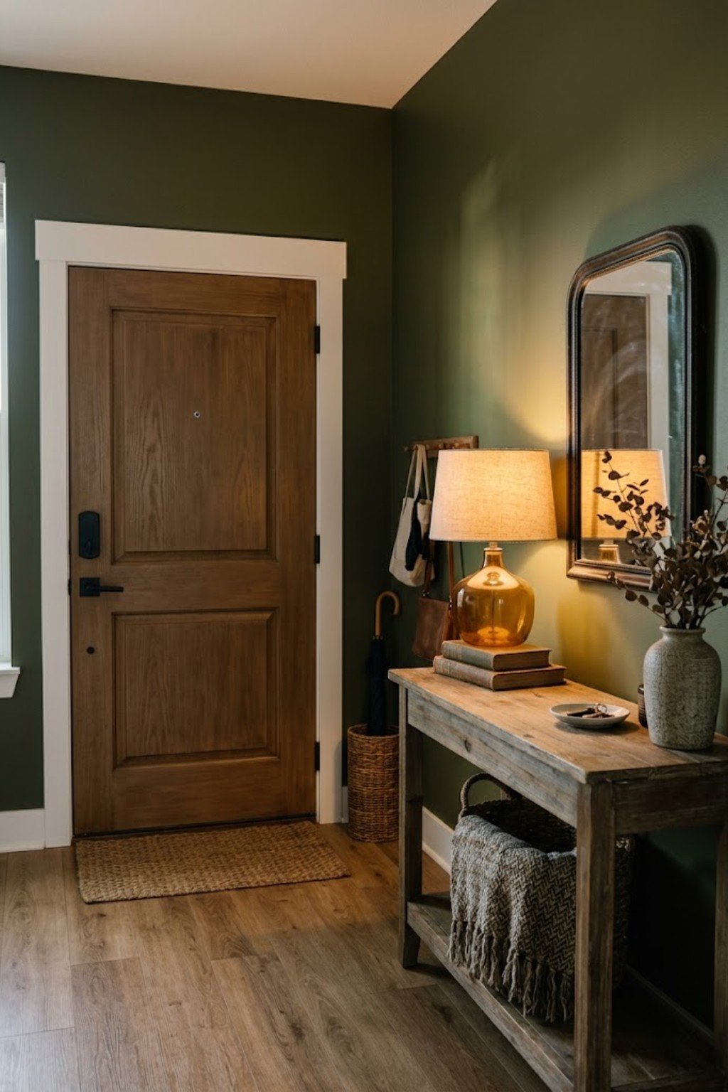 Add a table lamp on the console in a small apartment entryway