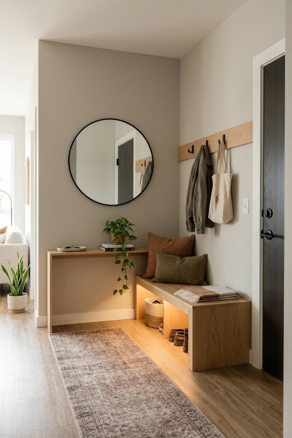 Add LED strip lights under a bench in a small apartment entryway