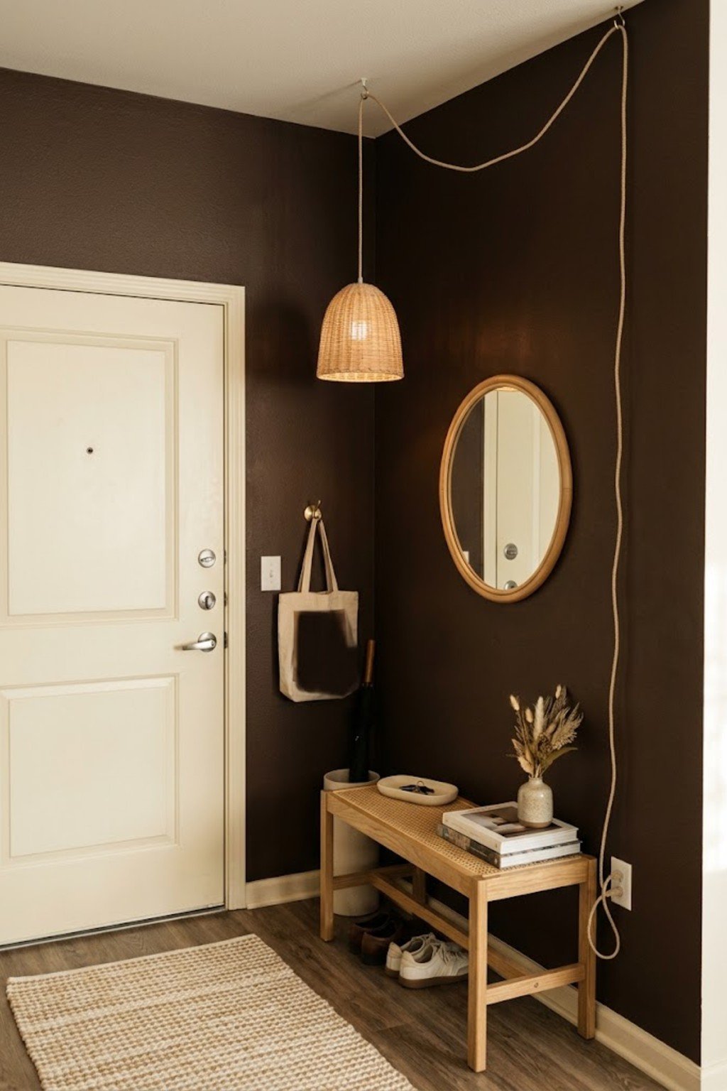 Use a plug-in pendant light in a small apartment entryway