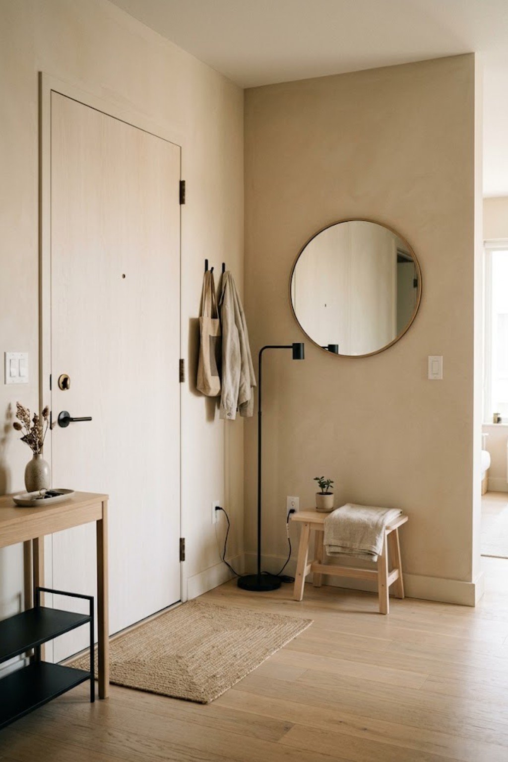 Place a floor lamp in a corner in a small apartment entryway