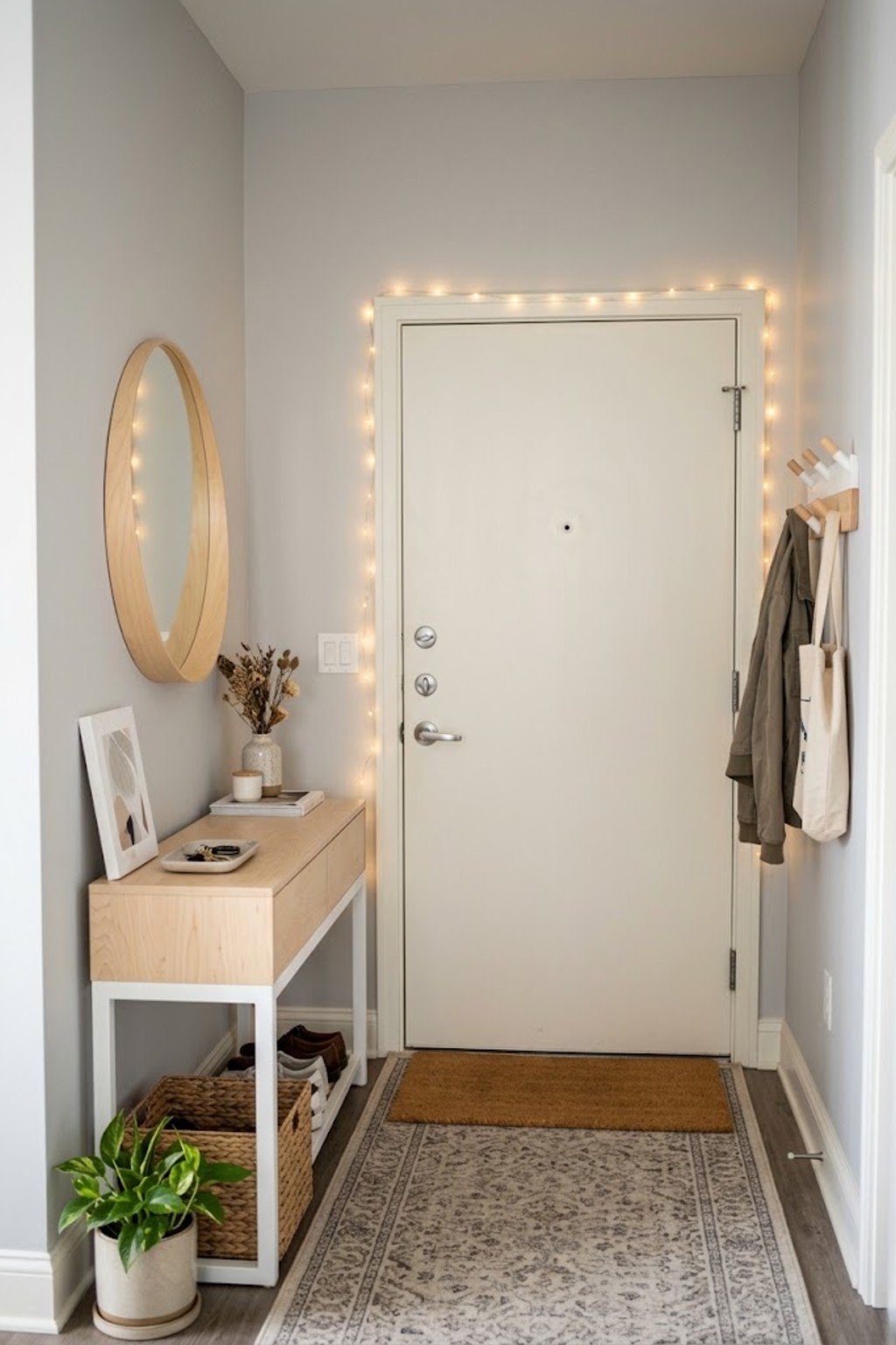 Hang string lights in a small apartment entryway
