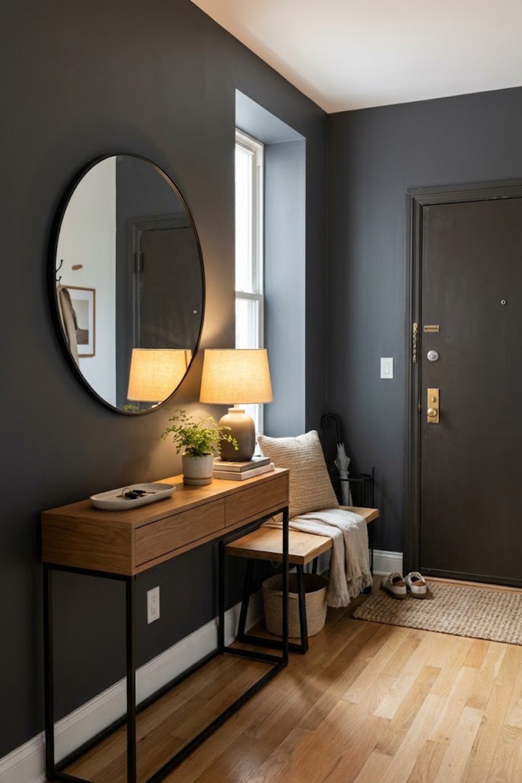 Use a mirror to bounce light in a small apartment entryway