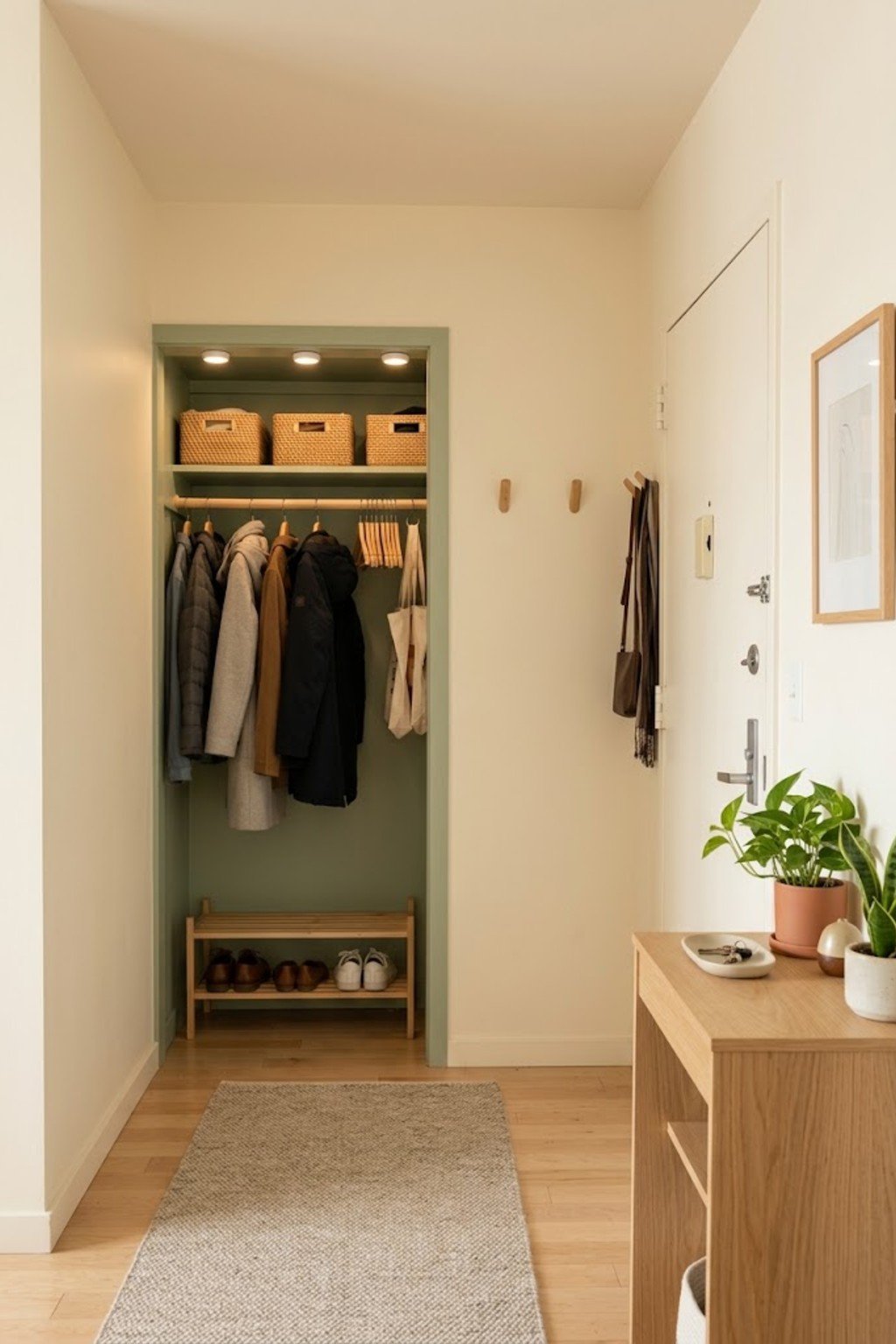 Add puck lights inside a closet in a small apartment entryway