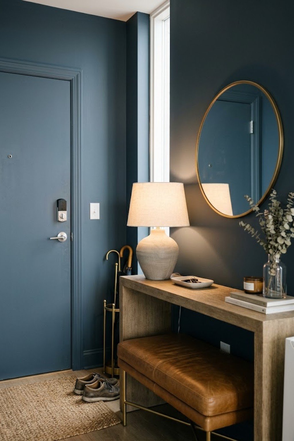 Use a sculptural lamp as decor in a small apartment entryway