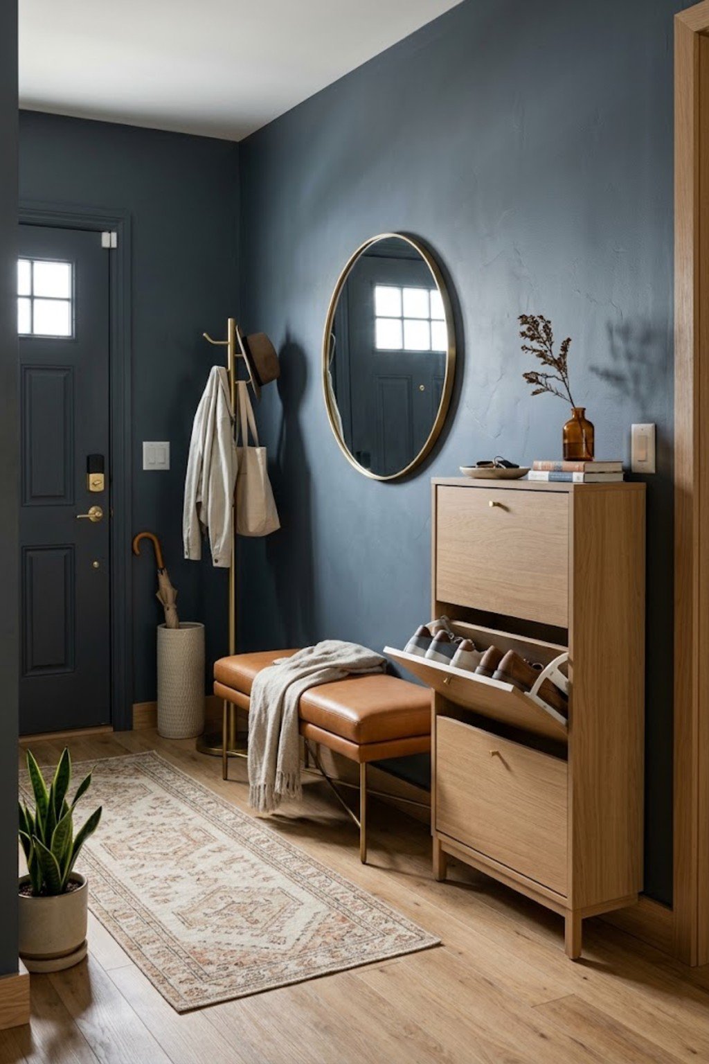 Use a slim tip-out shoe cabinet in a small apartment entryway
