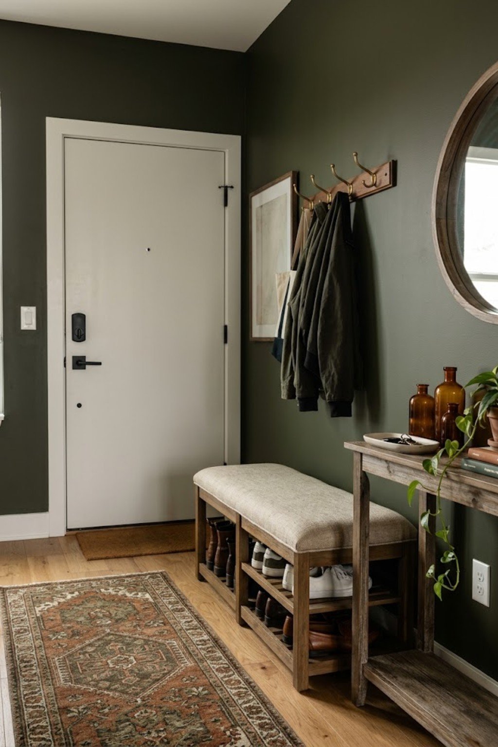 Get a shoe bench with cushion in a small apartment entryway