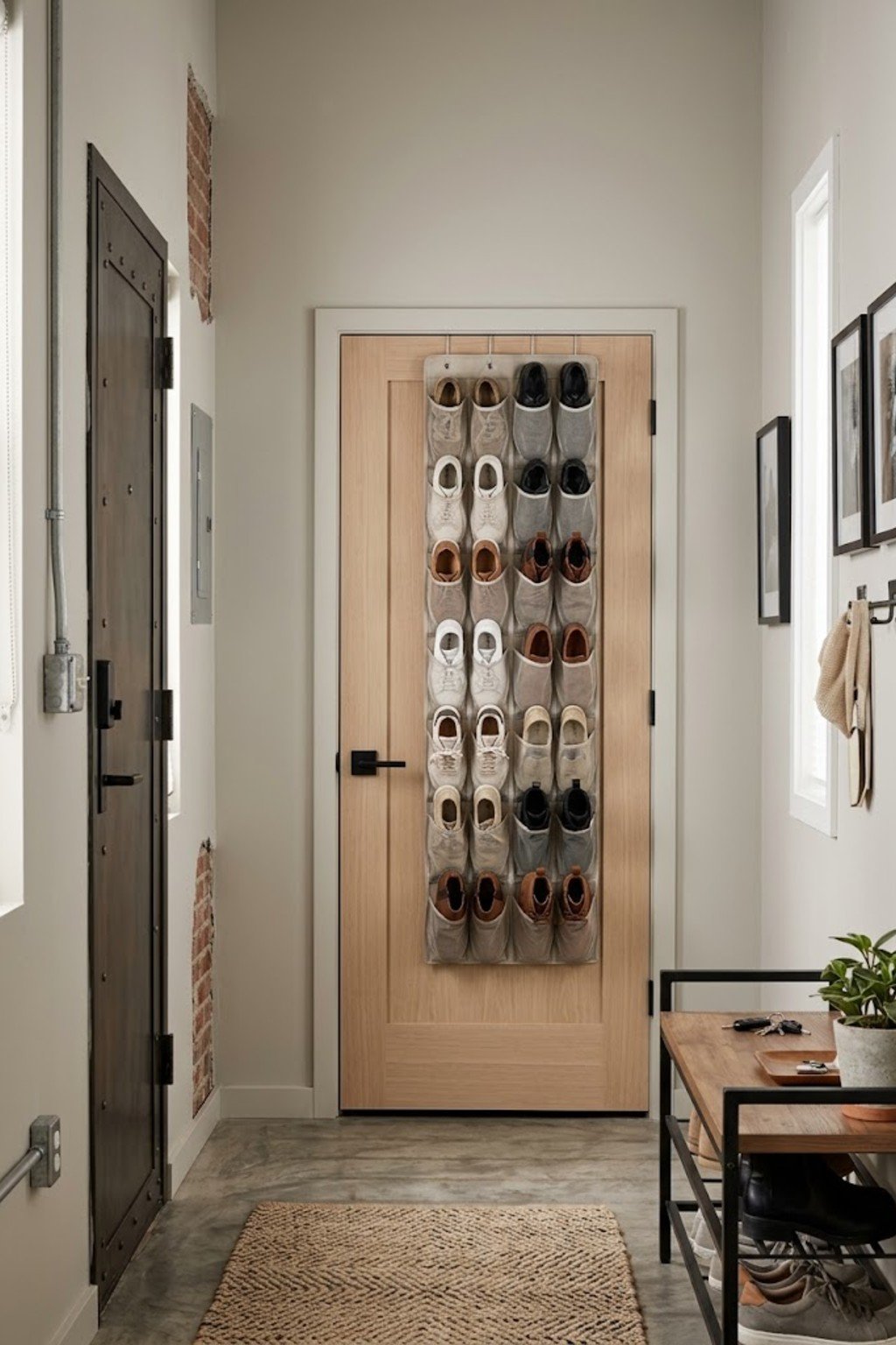Hang an over-the-door shoe organizer in a small apartment entryway