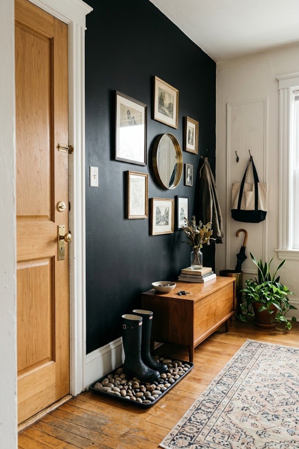 Use a boot tray for wet shoes in a small apartment entryway
