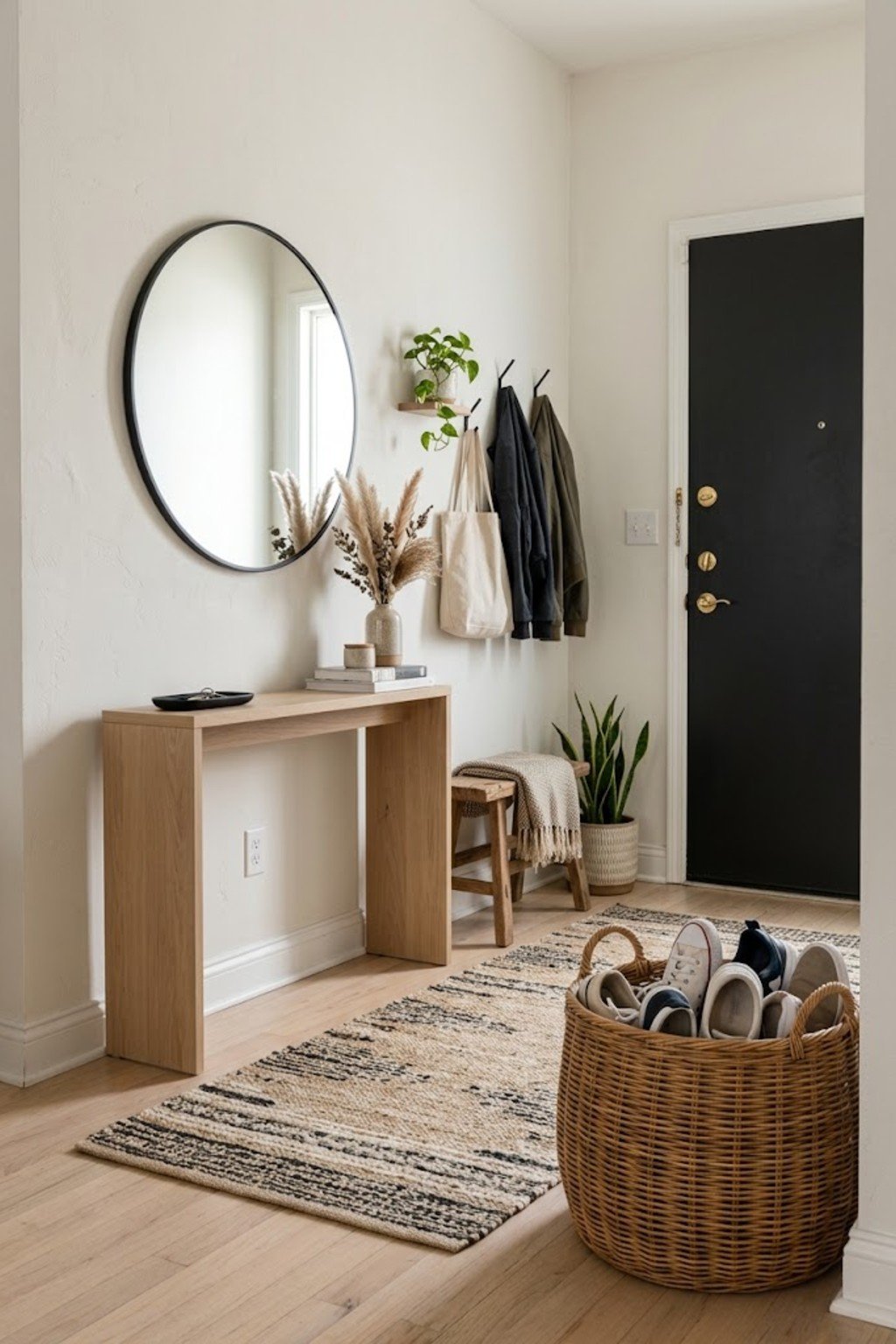 Place shoes in a large basket in a small apartment entryway