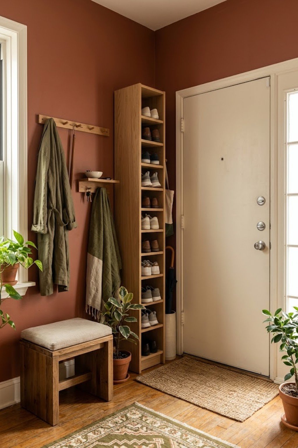 Use a vertical shoe tower in a small apartment entryway