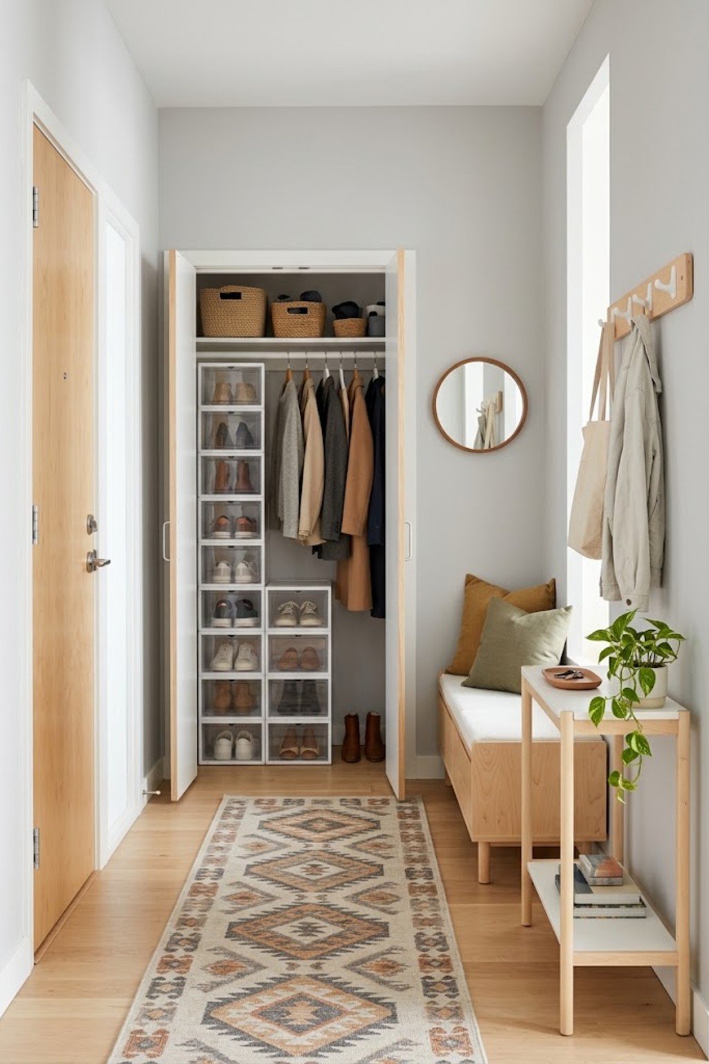 Store shoes in clear drop-front boxes in a small apartment entryway