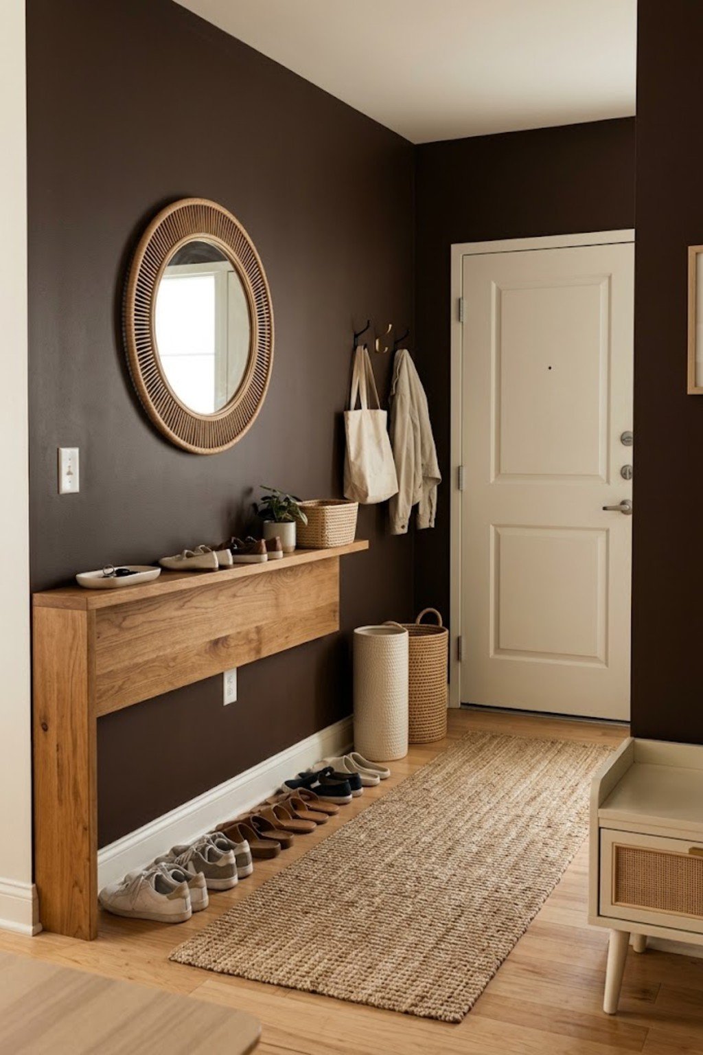 Build a shoe ledge along the wall in a small apartment entryway