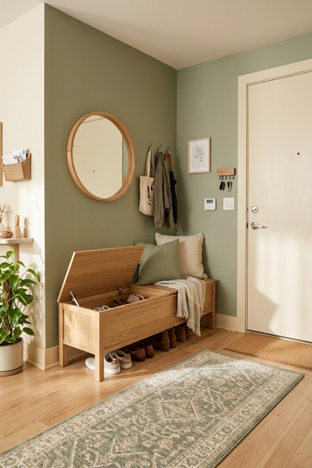 Use a storage bench with lift lid in a small apartment entryway