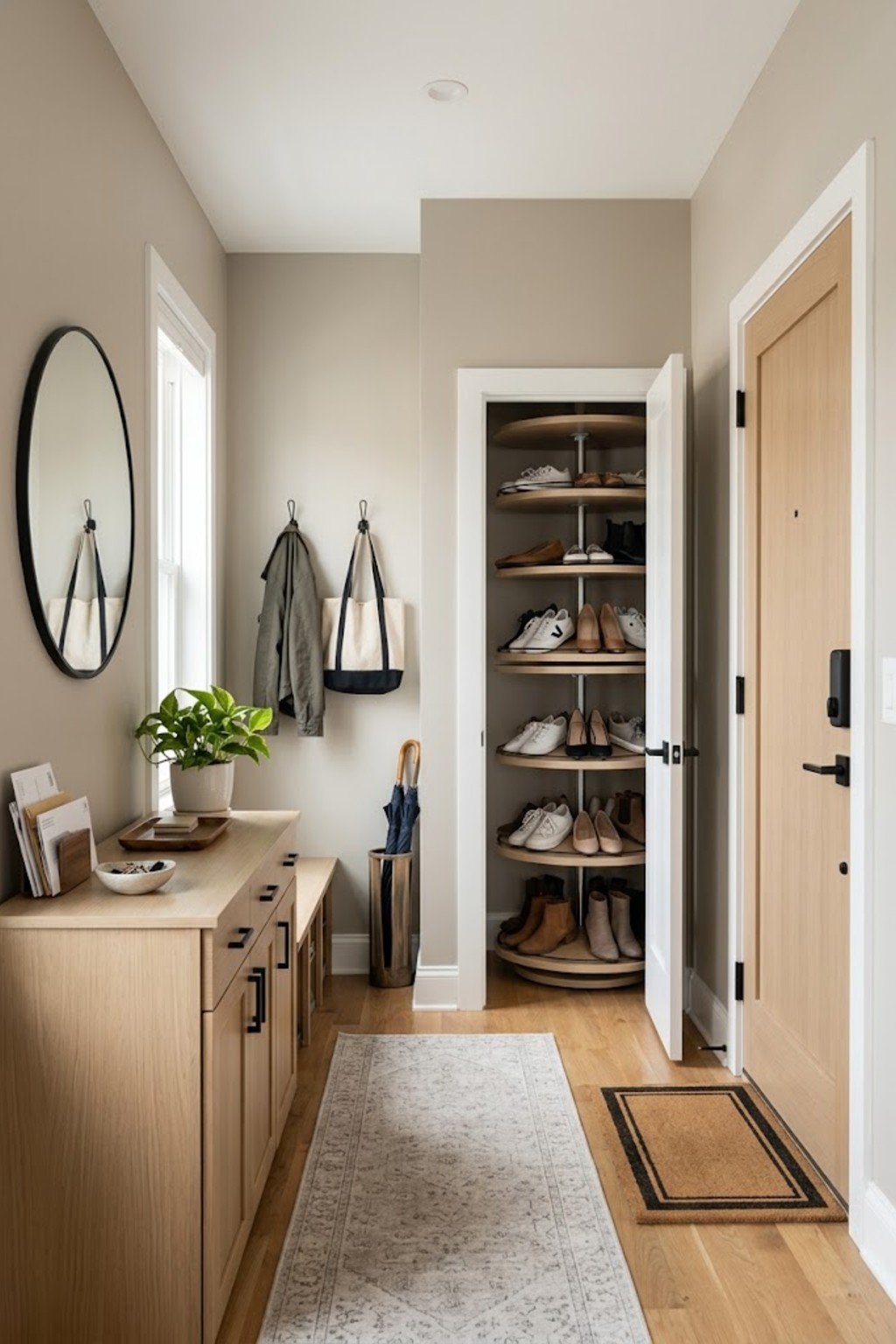Try a rotating shoe carousel in a small apartment entryway