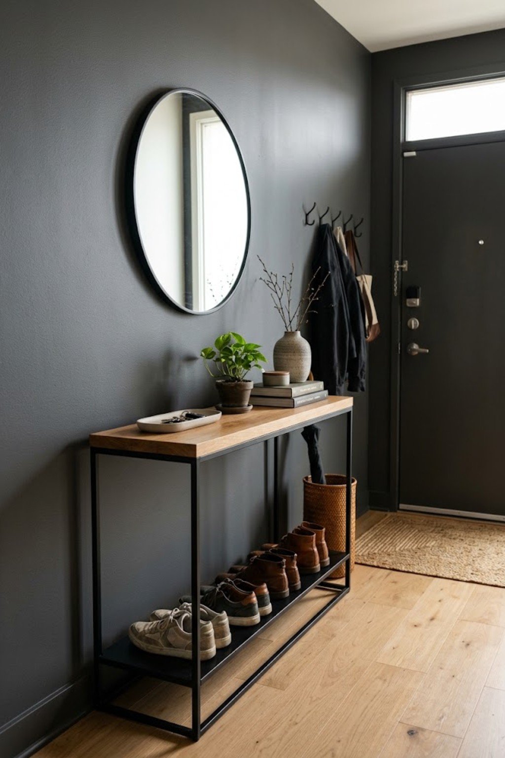 Use a console with shoe shelf in a small apartment entryway