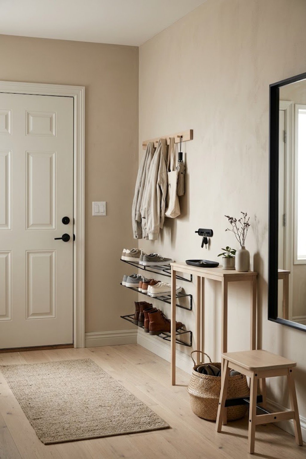 Add wall-mounted shoe racks in a small apartment entryway