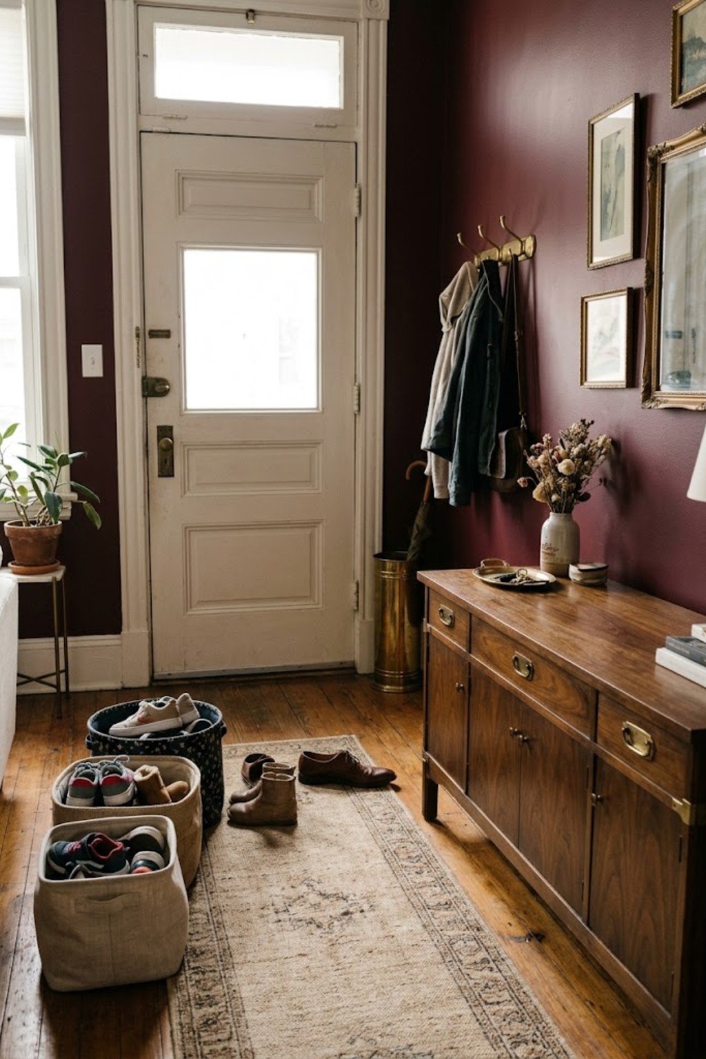 Store kids shoes in low bins in a small apartment entryway