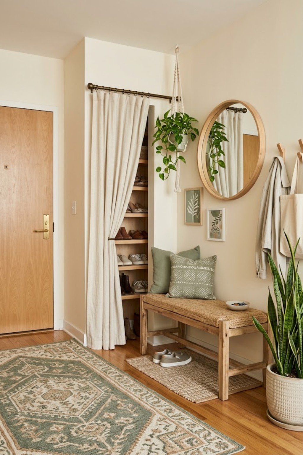Hide shoes behind a curtain in a small apartment entryway