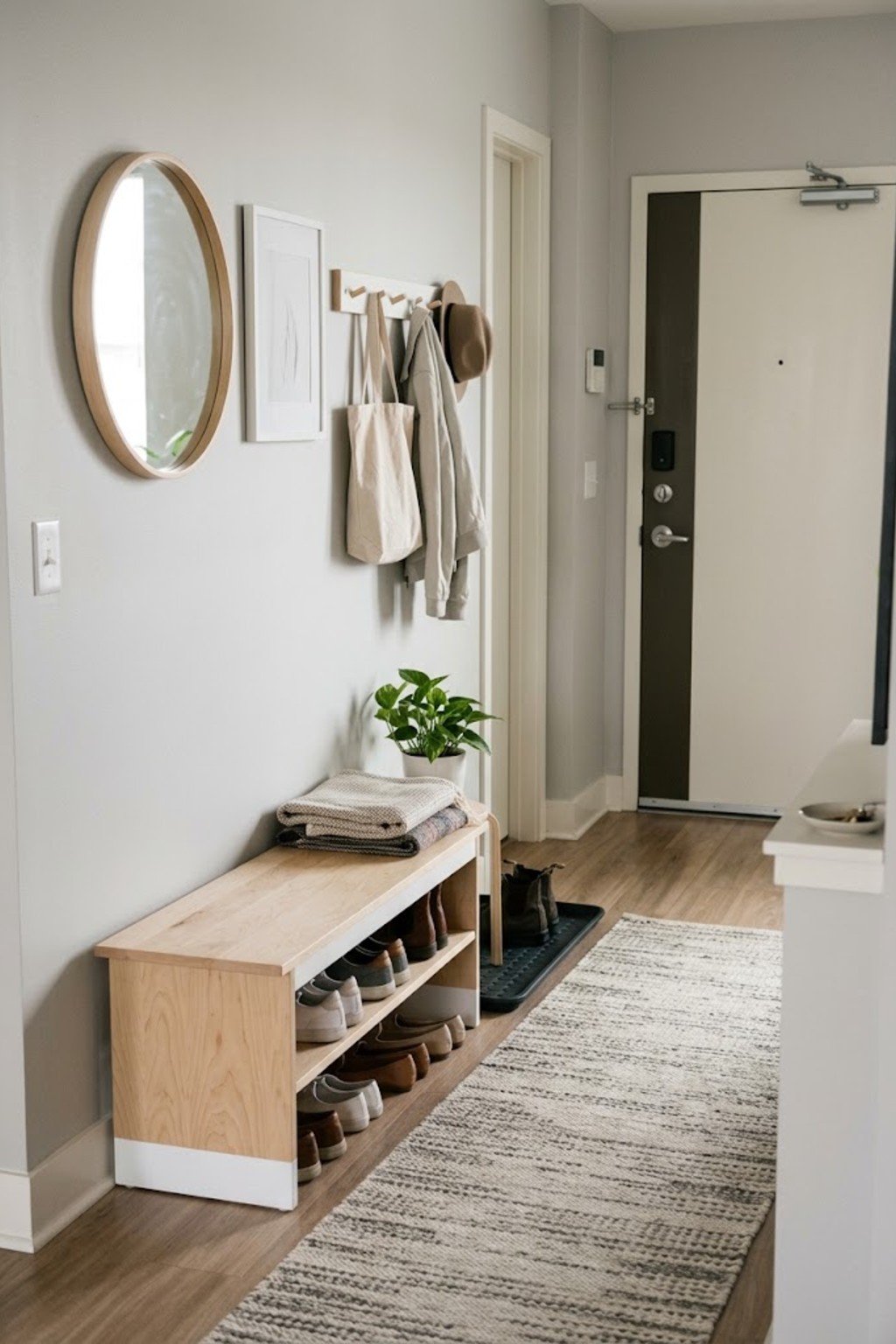 Styled apartment entryway – entryway shoe storage ideas