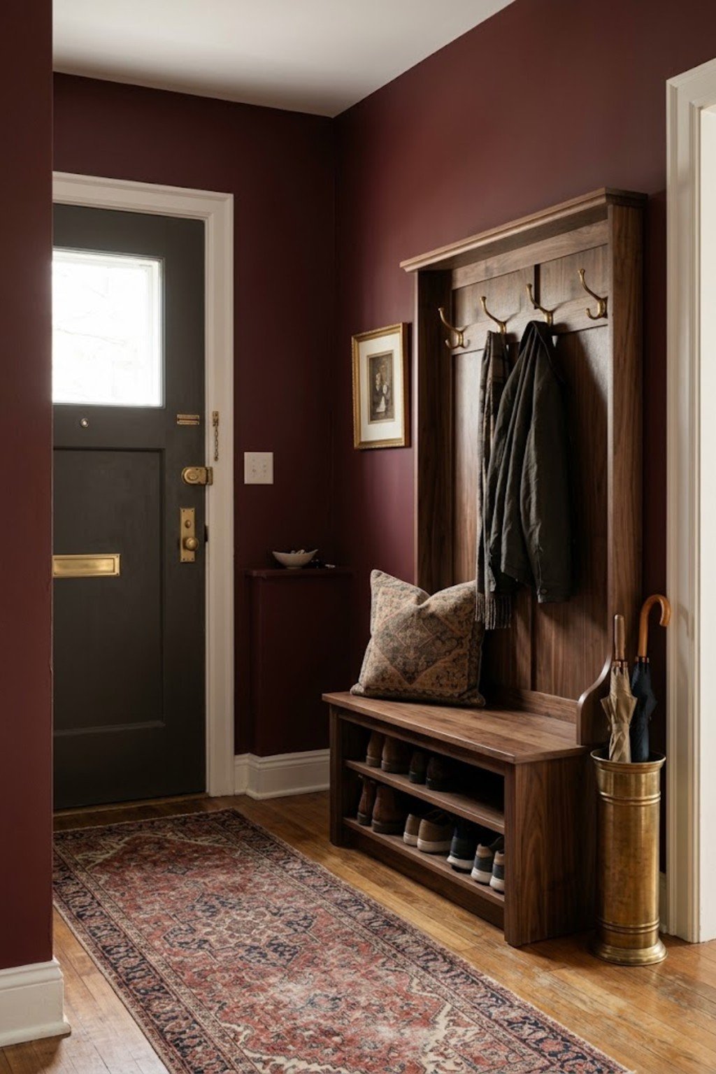 Use a hall tree with bench in a small apartment entryway