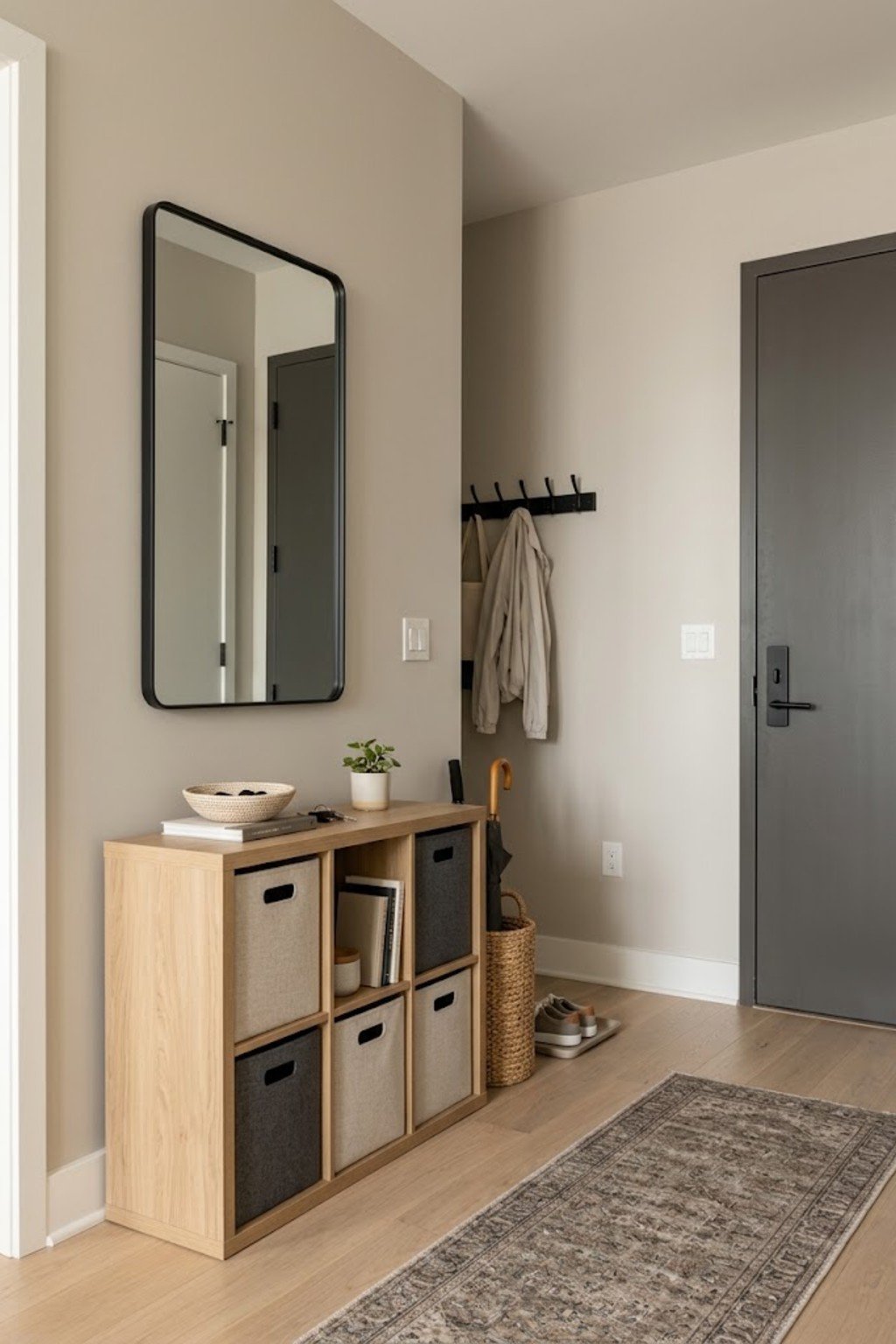 Add a cubby organizer with baskets in a small apartment entryway