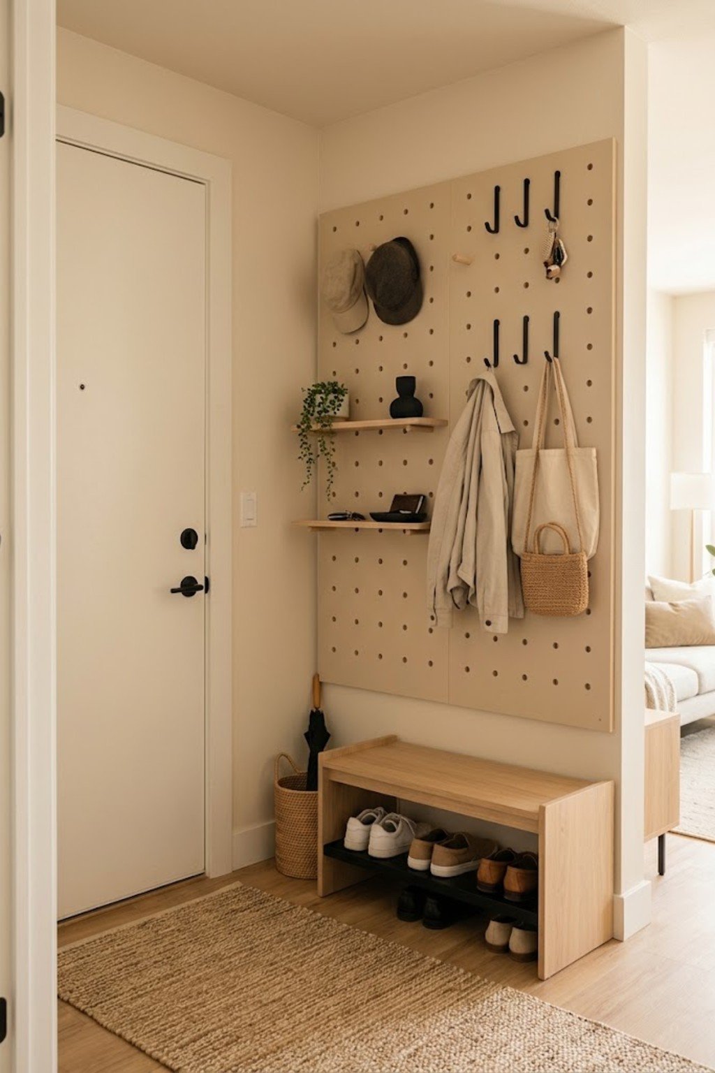Install a pegboard wall in a small apartment entryway