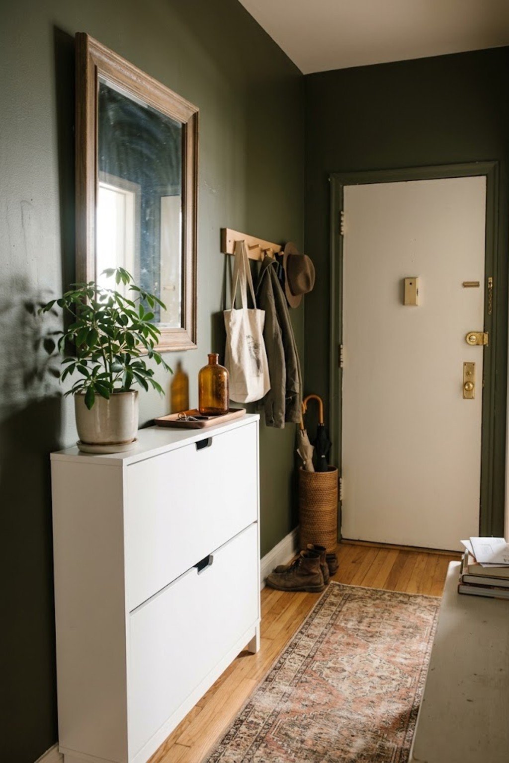Use a tip-out shoe cabinet in a small apartment entryway