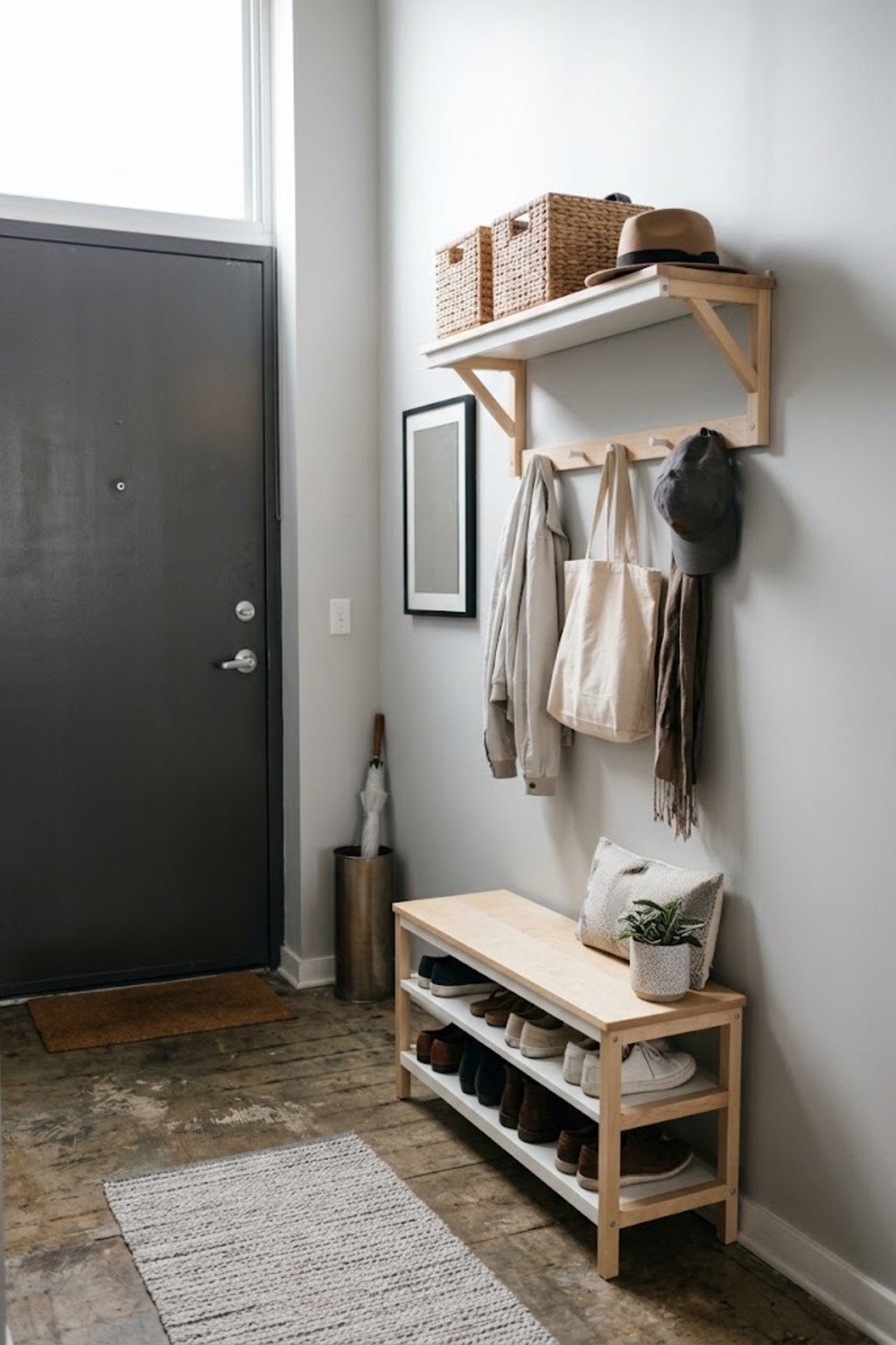 Hang a wall-mounted coat rack with shelf in a small apartment entryway