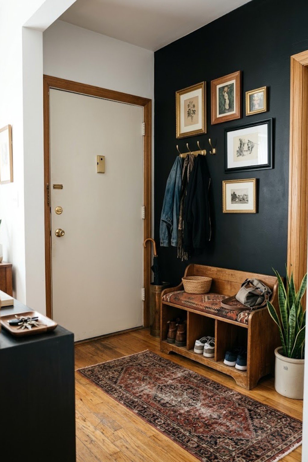Place a bench with shoe cubbies in a small apartment entryway