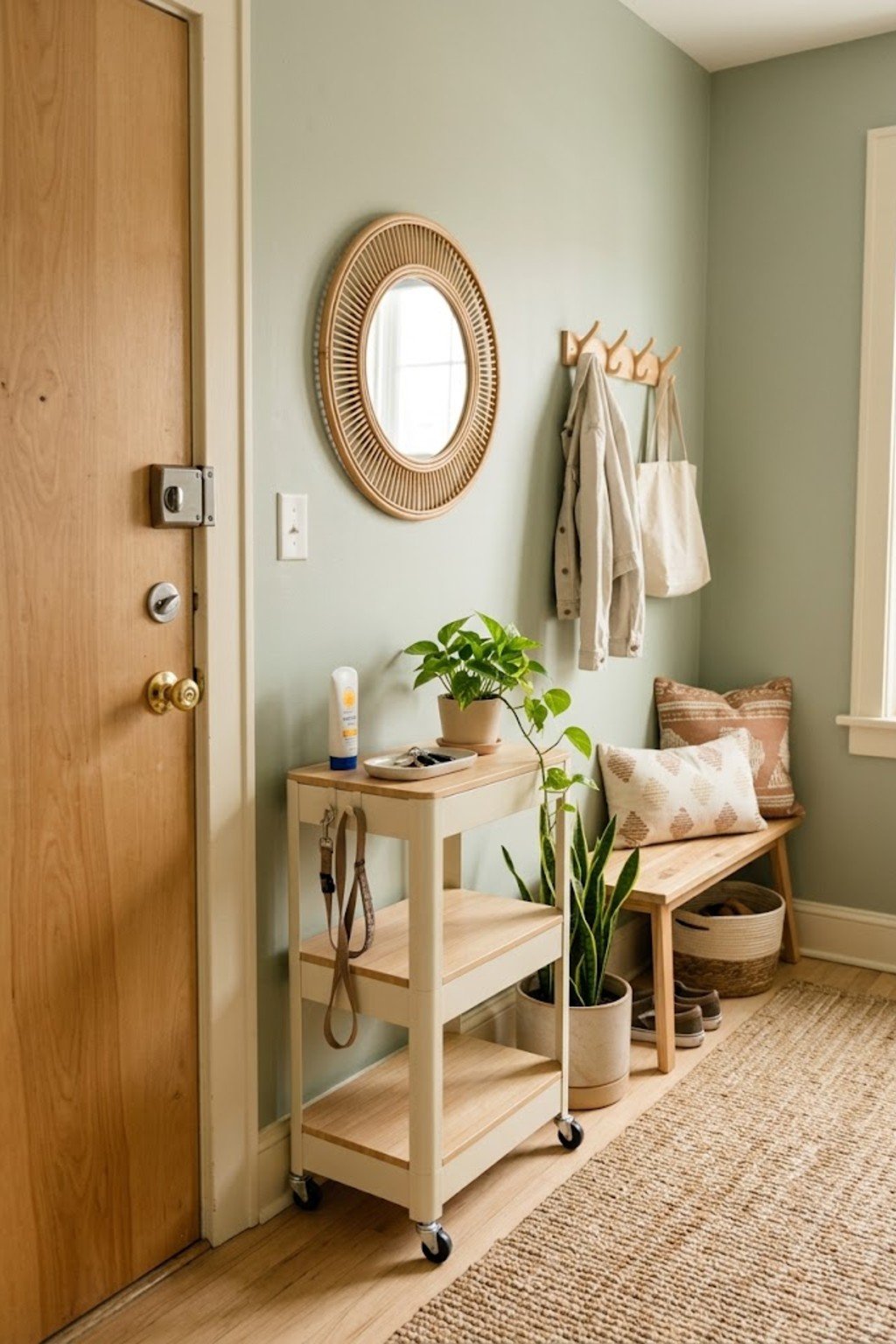 Use a rolling cart for daily items in a small apartment entryway